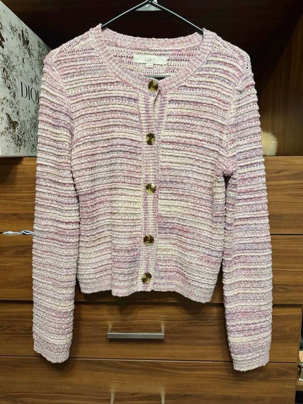 LOFT Pink Mauve Cream Textured Button-Front striped- effect Sweater Jacket NWOT
